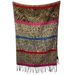 Nicole Marciano Wrap Scarf Animal Print Leopard Tiger Striped Fringe Tan Black